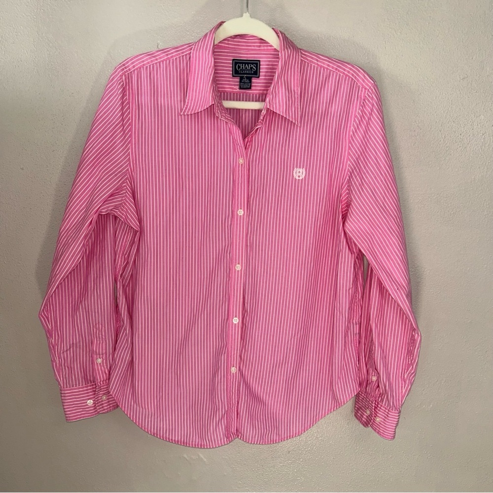 Chaps bubble gum Pink pin Striped womens preppy button down Shirt